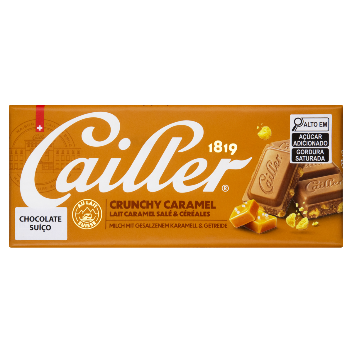 Chocolate Suíço ao Leite com Pedaços de Caramelo Salgado e Cereais Crocantes Cailler Cartucho 100g