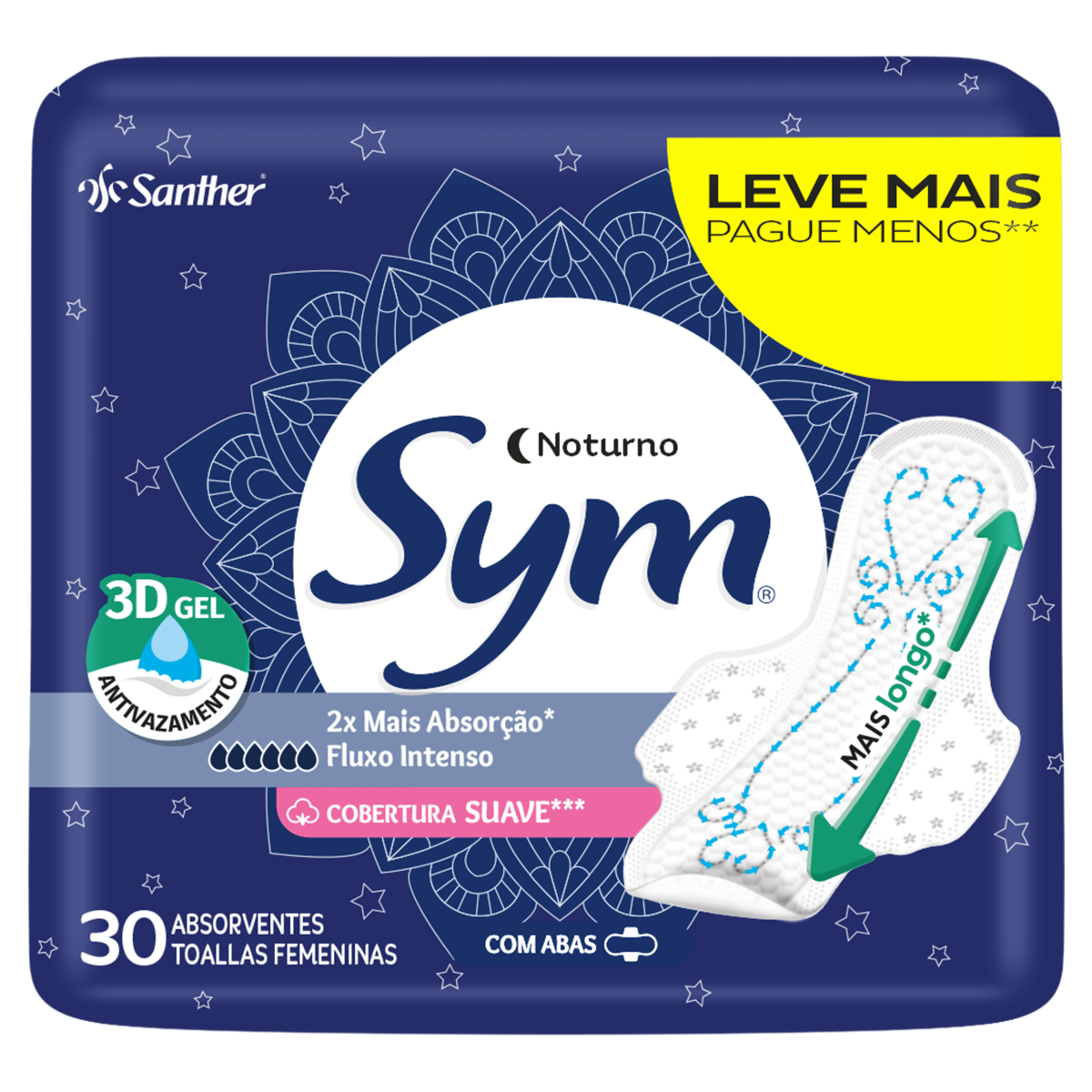 Absorvente com Abas Noite e Dia Total Protect Suave Sym Pacote 30 Unidades Leve Mais Pague Menos
