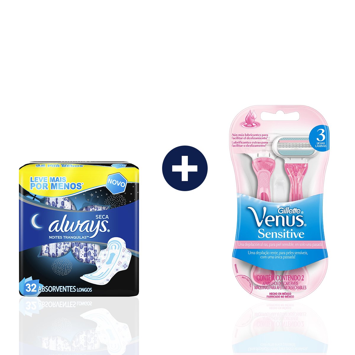 Kit com Absorvente Always Noites Tranquilas Seca com abas 32 Unidades + Aparelho de Depilar Gillette Venus Sensitive - 2 unidades