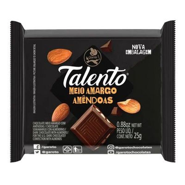 Chocolate Garoto Talento Meio Amargo Amêndoas 25g