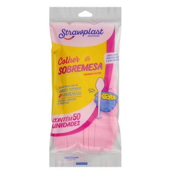 COLHER STRAWPLAST ROSA C/50