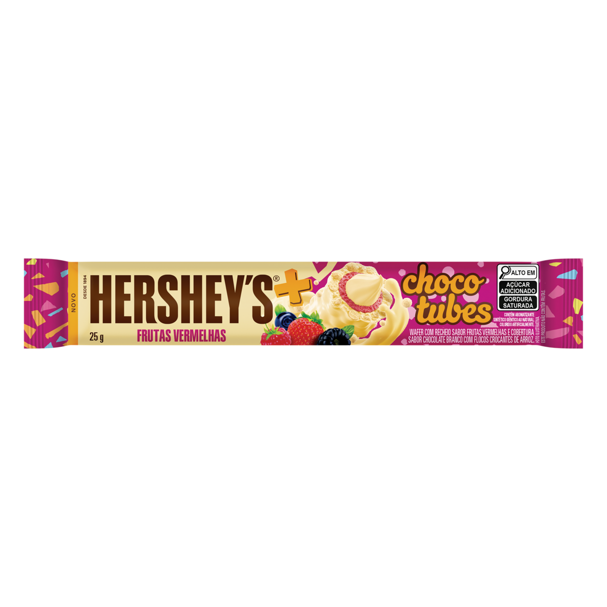 Rolinhos de Wafer Recheio Frutas Vermelhas Cobertura Chocolate Branco com Flocos Crocantes de Arroz Hersheys Mais Chocotubes Pacote 25g