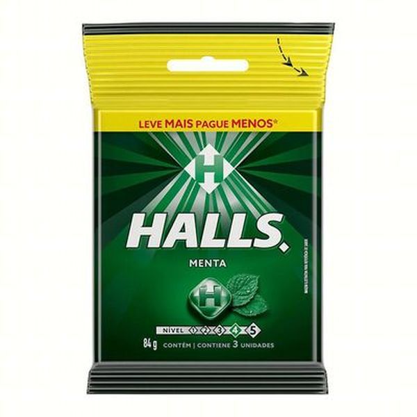 Bala Menta com 3 Unidades HALLS Pacote 84g
