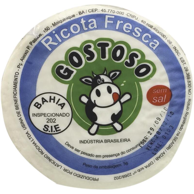 Queijo Ricota Gostoso Sem sal Preço por quilo na peça