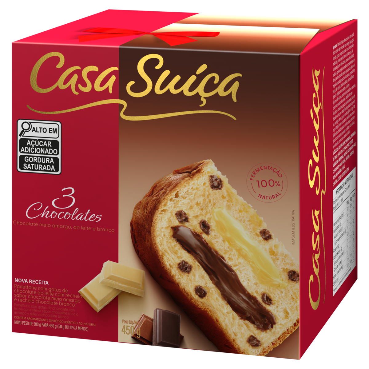 Panettone com Gotas de Chocolate ao Leite Recheio 3 Chocolates Casa Suíça Caixa 450g